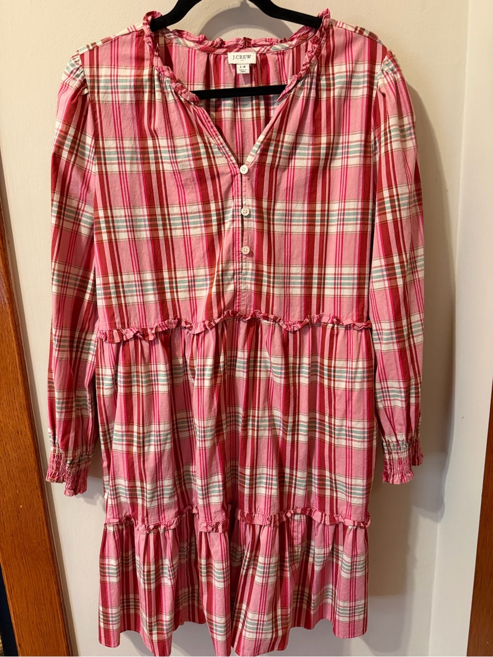 J.Crew Pink Plaid Tiered Cotton Dress